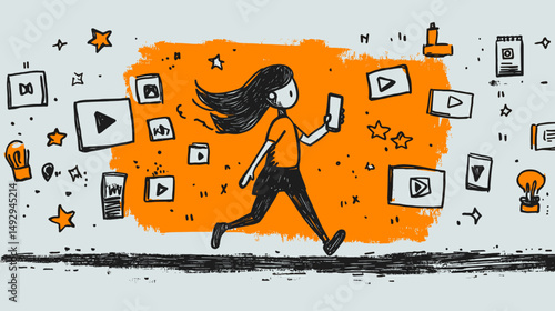 Digital Nomad's Daily Voyage: An energetic person, immersed in the digital world, navigates a stream of media icons, representing modern life, while clutching a mobile device.