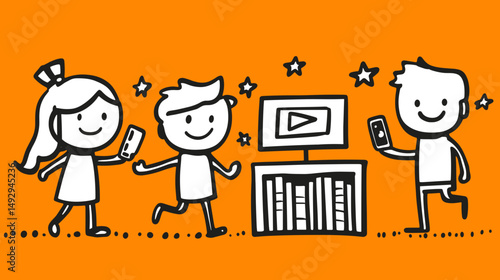 Streaming Cartoon: A cheerful illustration of three cartoon characters interacting with digital streaming content, a symbol of contemporary entertainment and technology.
