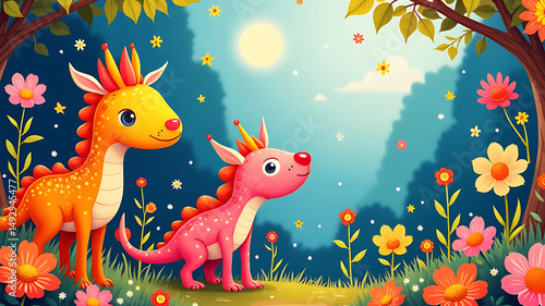 Two adorable cartoon dragons in a flower garden