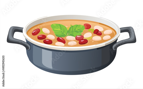 Mixed Bean Stew with Basil Leaf - Vector Illustration