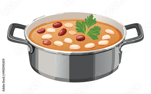 Bean and Herb Soup in Stainless Pot - Vector Illustration