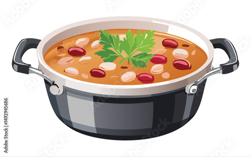Mixed Bean Soup with Parsley in Metal Pot - Vector Illustration