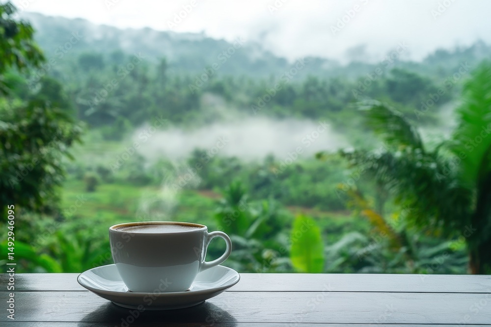 Enjoying a warm cup of coffee with a view of the lush green countryside in the morning, Cup of coffee on table with lush green countryside view and morning mist Relaxation concept Enjoying a warm cup of coffee with a view of the lush green countryside in the morning, Cup of coffee on table with lush green countryside view and morning mist Relaxation concept