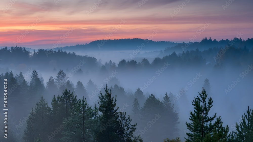 Obraz premium Misty forest at sunrise with beautiful hues over the trees and rolling hills
