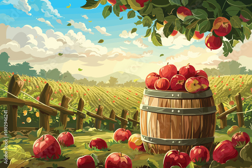 Juicy apples in wooden boxes on grass on natural background