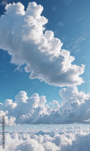 Vast, cloudless azure sky, fluffy white cumulus clouds drift lazily , altitude, nature