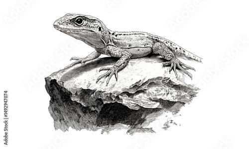 Anole Lizard Engraving on Rock, Vintage Retro Wildlife Sketch, Black Monochrome Reptile Drawing, Hand-drawn Nature Illustration, Antique Etching, Retro Jungle Art