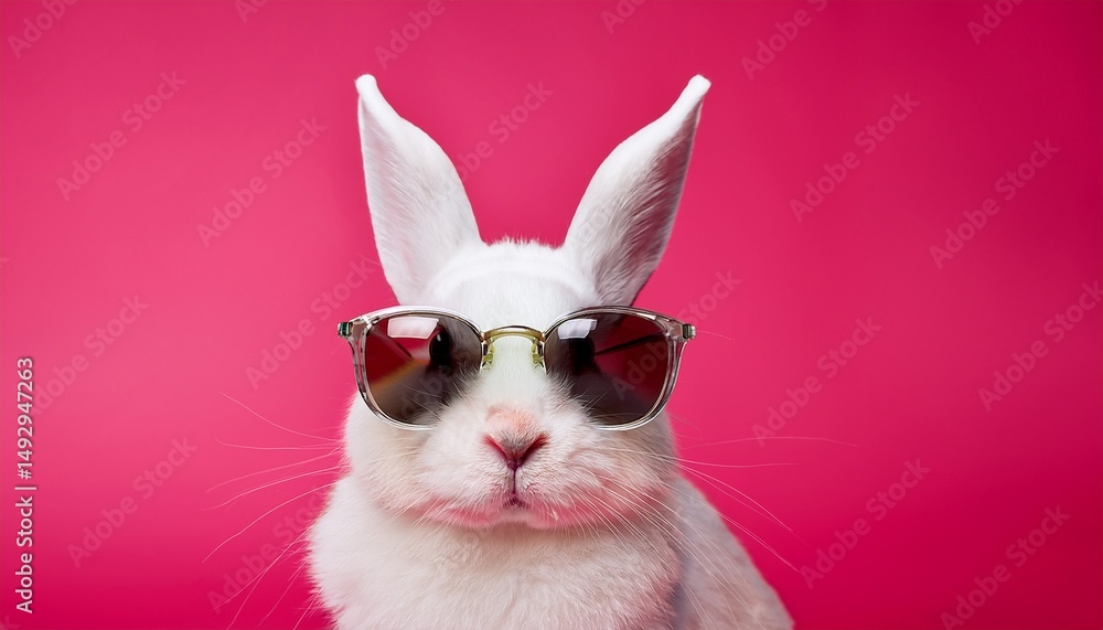 Fototapeta premium cute white rabbit wearing sunglasses against pink background