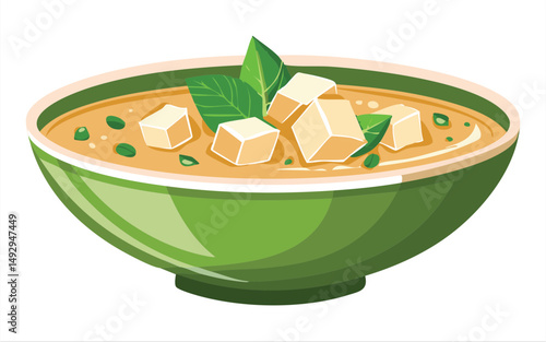 Healthy Miso Soup in Green Bowl - Vector Illustration