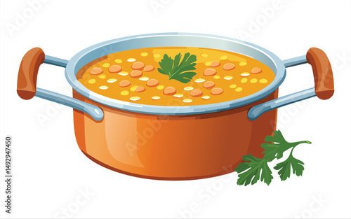 Chickpea Soup in Orange Cooking Pot - Vector Illustration