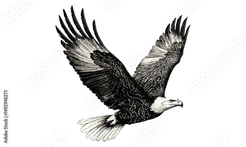 Bald Eagle in Flight Hand-drawn Etching, Vintage National Bird Sketch, Retro Wildlife Illustration, Monochrome Americana Decor, Trendy Black Sketch, Vintage Eagle Artwork