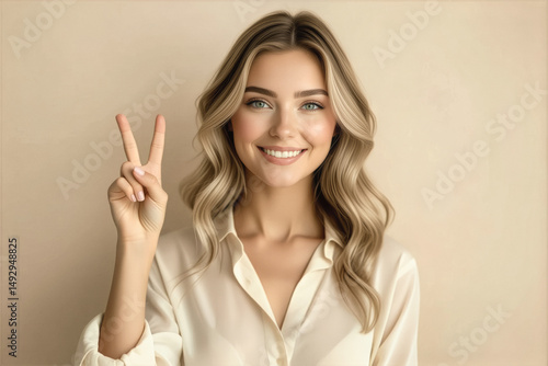 Wallpaper Mural A smiling young woman with blonde hair and light makeup poses with a peace sign gesture in a studio setting. Torontodigital.ca