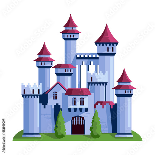 Large medieval fantasy castle with red-roofed towers, cartoon style, on green grassy hill and white background. Concept of fairy tale. Vector illustration