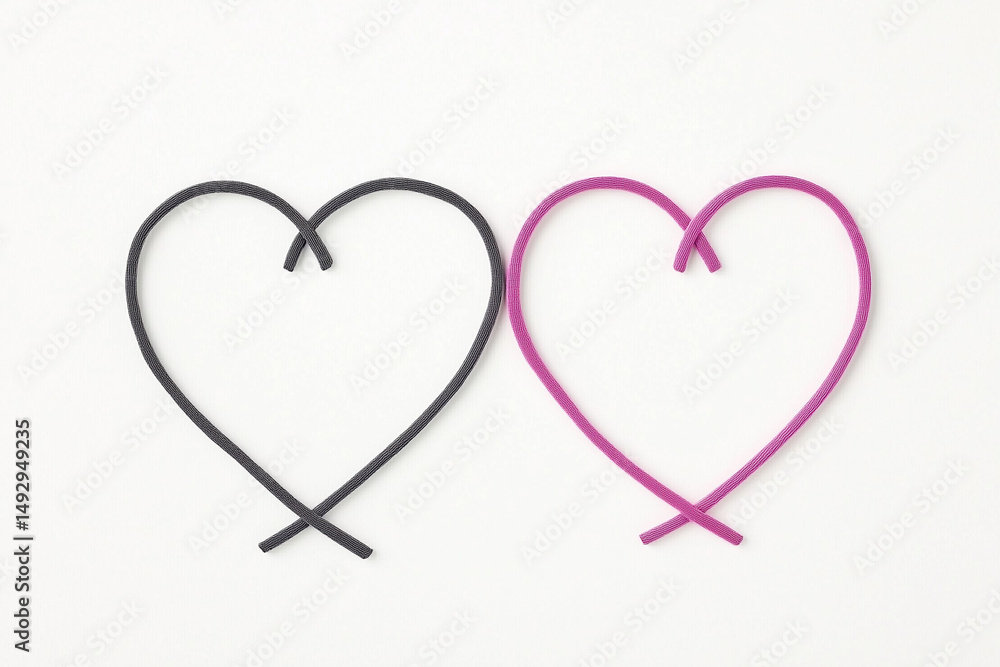 Black and pink rubber bands shaped like hearts on white background Black and pink rubber bands shaped like hearts on white background
