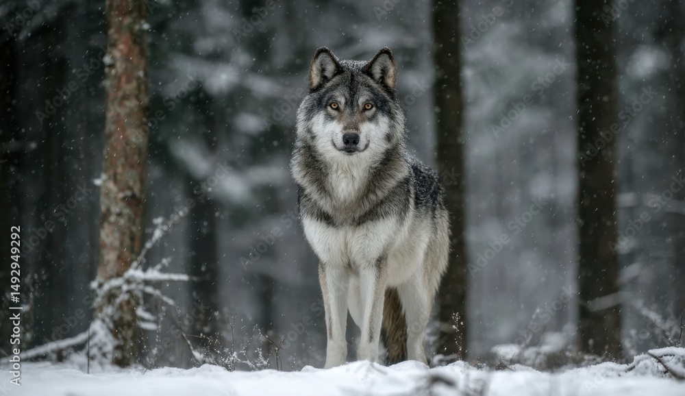 Fototapeta premium Wolf standing in snowy winter forest