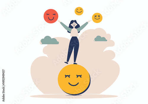 Woman balancing on large smiling emoji juggling different emotional faces happiness anxiety emotion control psychological balance concept flat vector illustration