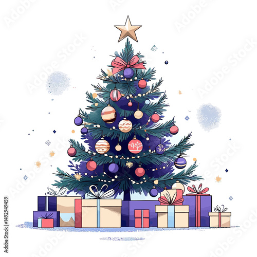 Christmas tree decorated with colorful ornaments and star topper surrounded by wrapped gift boxes in festive minimalist style vector illustration