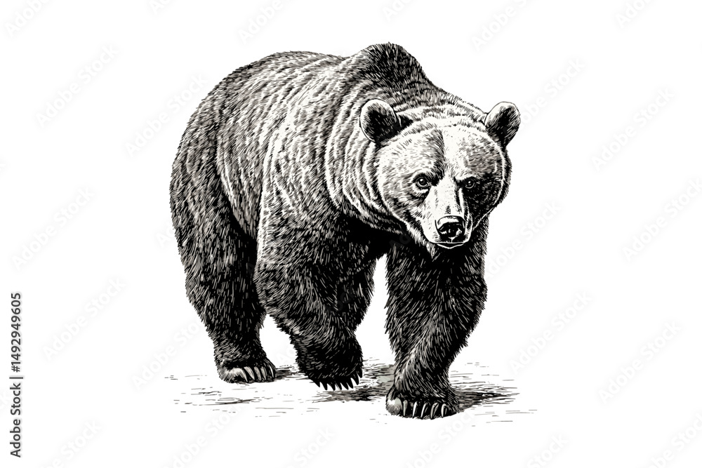 Fototapeta premium Old Etching Style Bear Illustration, Vintage Mammal Line Art, Black Forest Animal Sketch, Hand-drawn Rustic Wildlife, Monochrome Engraved Nature Print, woodland animal wall art,