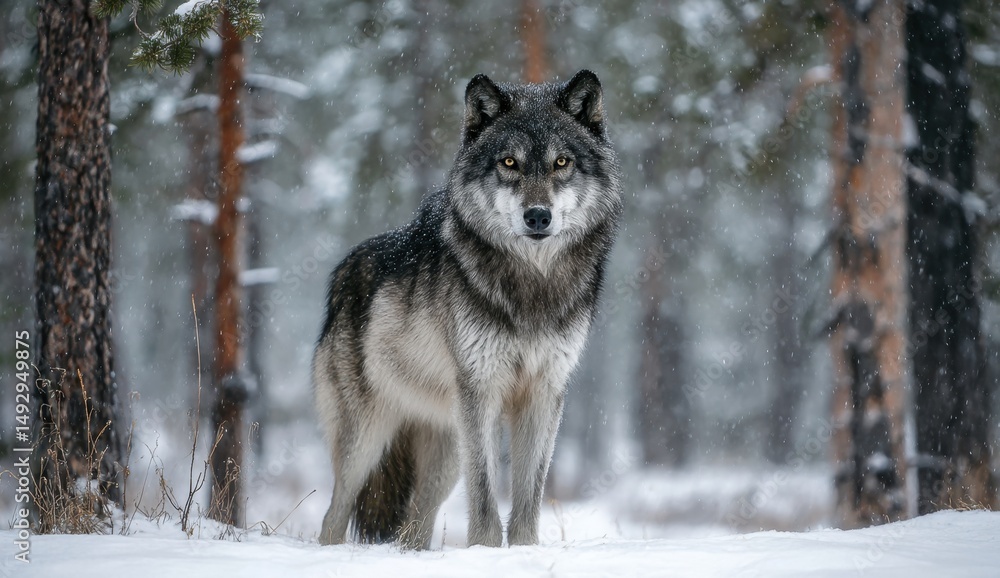 Naklejka premium Gray wolf in snowy winter forest wildlife