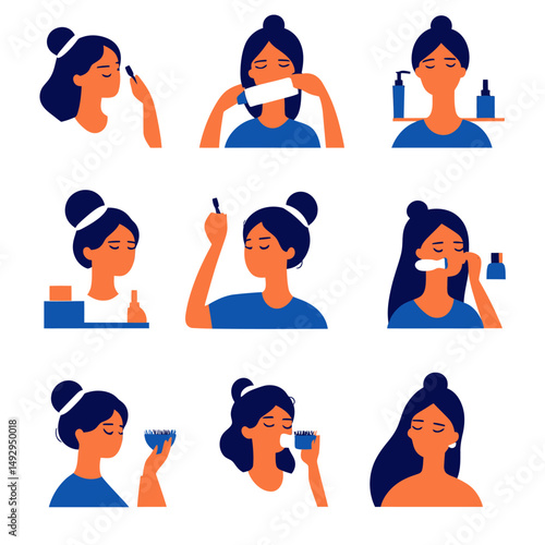 Beauty woman skincare routine cleansing makeup removal applying cosmetic products moisturizing and hair brushing flat vector illustration set