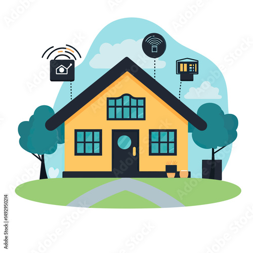 Vector illustration of modern smart home with wireless security system and home automation devices in flat minimalist style showing connected technology features and house exterior design