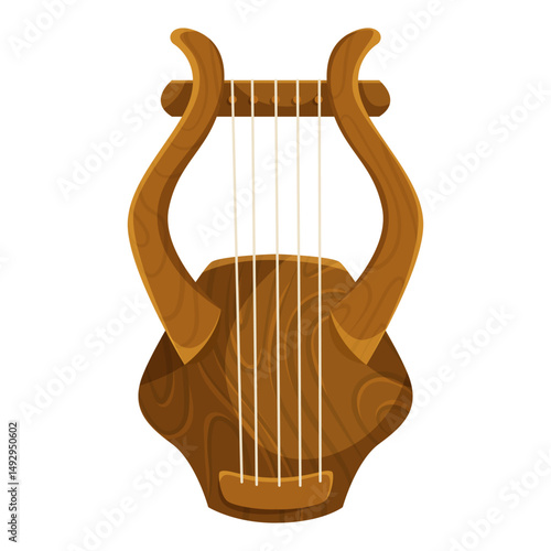 Traditional wooden lyre with six strings in cartoon style on white background. Concept of classical music and ancient musical instruments. Vector illustration