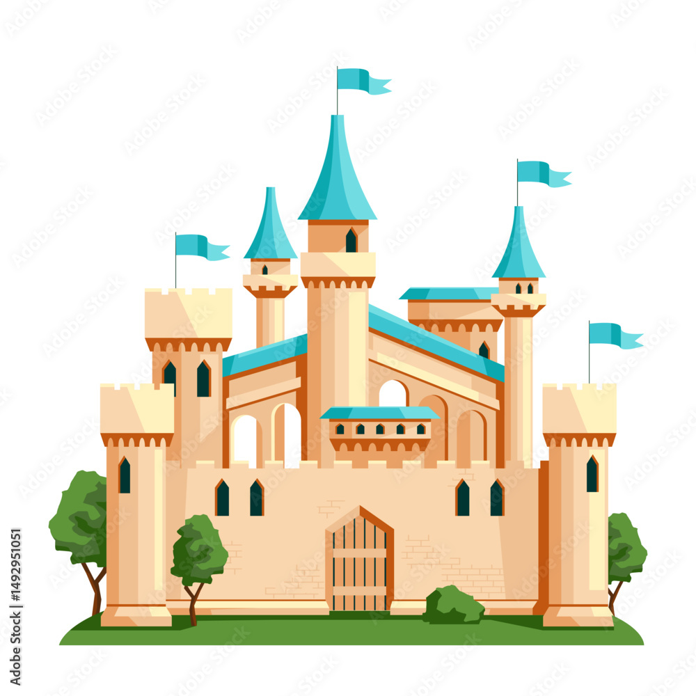Obraz premium Majestic fantasy castle with blue rooftops and towers, flat graphic style, isolated on white background. Concept of fairy tale architecture. Vector illustration