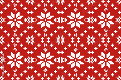 Christmas and New Year seamless pattern. White snowflakes and Christmas tree on red pixel pattern for winter hat,jumper,sweater, wrapping,fabric,border,rim,carpets, blankets, towels.