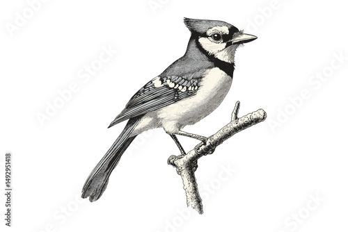 Antique Engraving of Blue Jay on Branch, Vintage Hand-drawn Ornithology Art, Monochrome Retro Wildlife Drawing, Forest Bird Sketch, Black Sketch, Trendy Nature Art