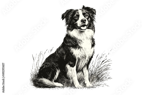 Border Collie Herding Engraving, Hand-drawn Dog Illustration, Vintage Pet Sketch, Antique Style, Monochrome Line Drawing, Black Sketch, Farm Decor, Trendy Farm Prints