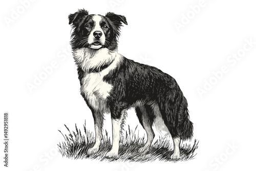 Vintage Border Collie Engraving, Herding Dog Sketch, Antique Style Line Drawing, Hand-drawn Illustration, Monochrome Black Art, Pet Decor, Trendy Farmhouse Prints