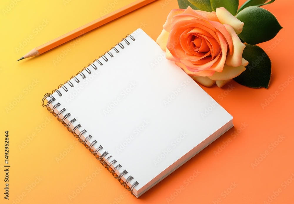 Blank spiral notebook with orange rose and pencil Blank spiral notebook with orange rose and pencil
