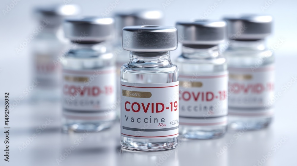 Close-up of several COVID-19 vaccine vials arranged neatly, clear labels visible, isolated on clean white background with soft shadows, ideal for health publications Close-up of several COVID-19 vaccine vials arranged neatly, clear labels visible, isolated on clean white background with soft shadows, ideal for health publications