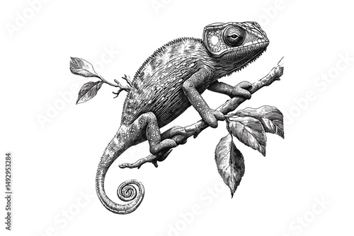 Retro Wildlife Etching, Vintage Chameleon Illustration, Lizard Climbing Tree, Monochrome Reptile Sketch, Trendy Engraving Art, Colorful Hand-drawn Creature
