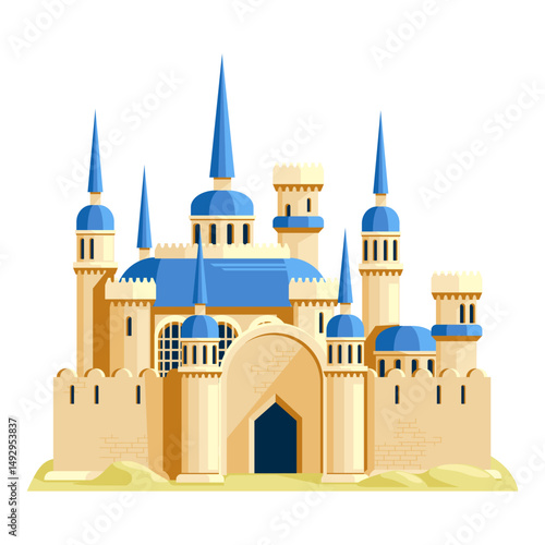 Majestic fantasy castle with tall blue spires and domes, flat style on white backdrop. Concept of fairy tale architecture. Vector illustration