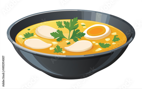 Boiled Egg Soup with Herbs - Vector Illustration