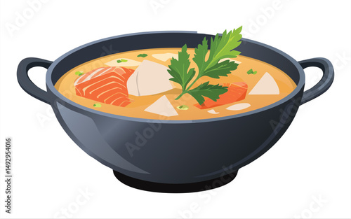Salmon Miso Soup in Black Bowl - Vector Illustration