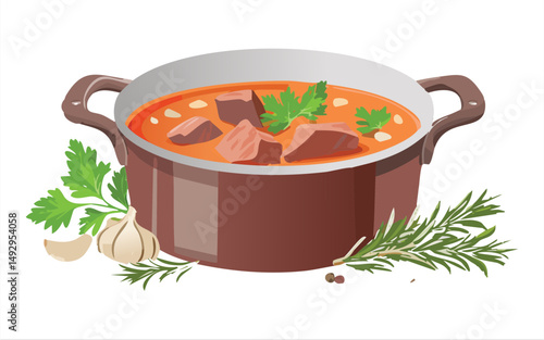 Beef Stew in Red Cooking Pot - Vector Illustration
