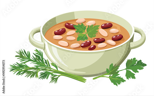 Mixed Bean Soup with Herb Garnish - Vector Illustration
