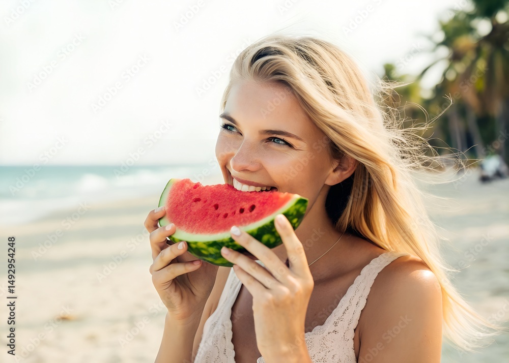 Happy young blond woman with blue eyes enjoying a slice of fresh watermelon on a sunny beach, savoring the flavors of summer vacation and embracing the carefree spirit of the season Happy young blond woman with blue eyes enjoying a slice of fresh watermelon on a sunny beach, savoring the flavors of summer vacation and embracing the carefree spirit of the season