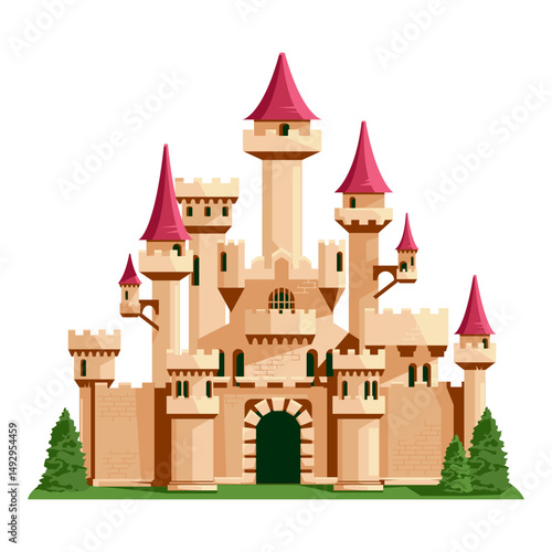 Majestic medieval fantasy castle with red pointed towers, cartoon style, isolated on white background. Concept of fairy tale architecture. Vector illustration