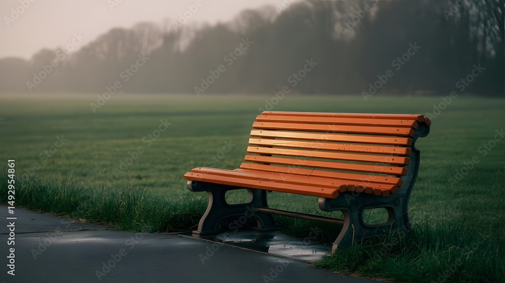 Obraz premium Wooden park bench in morning fog with green field and atmospheric landscape background