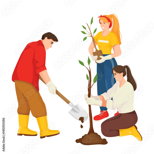 Group of people planting tree together, flat cartoon style, white background, concept of teamwork and environmental care. Vector illustration
