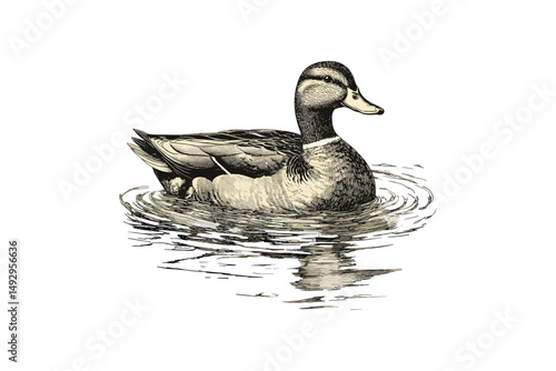 Vintage Bird Illustration, Engraving of Duck in Water, Ornithological Print, Detailed Wildlife Line Art, Rustic Nature Drawing, Monochrome Animal Etching, nature decor, trendy animal sketch
