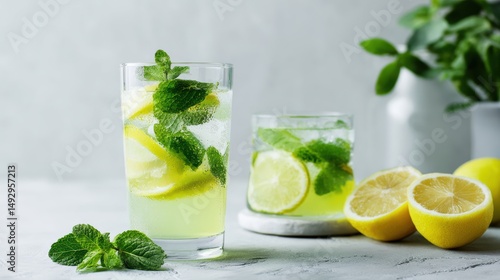 Wallpaper Mural Refreshing Lemonade Drink with Mint Leaves and Slices in Clear Glasses on Bright Background Torontodigital.ca