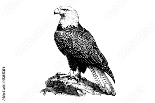 Monochrome Eagle Drawing, Vintage Hand-Drawn Bird of Prey, Wildlife Etching in Retro Style, Nature Wall Decor, Rustic Animal Sketch, Trendy Vintage Bird Artwork, Black and White Forest Art