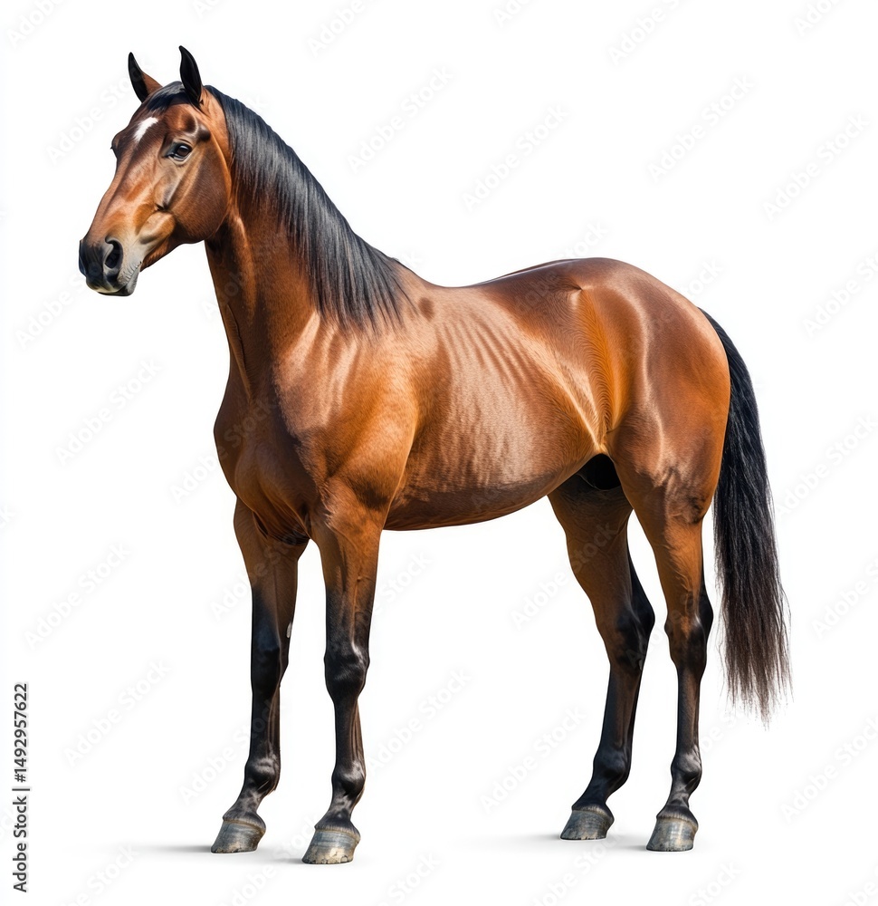 Obraz premium Brown horse standing elegantly on white background