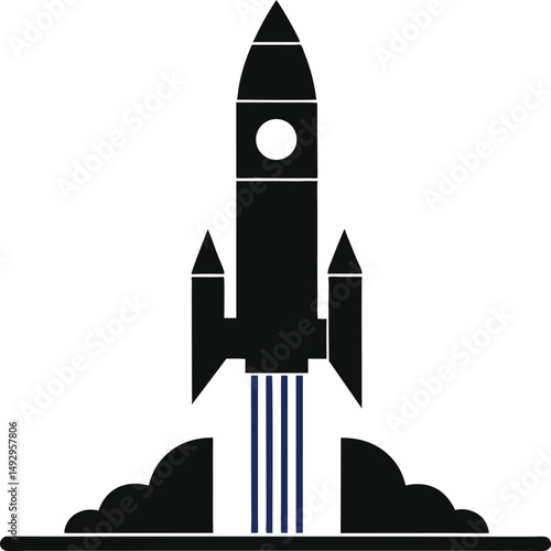 Rocket ship standing upright on a launchpad, minimal line art."


