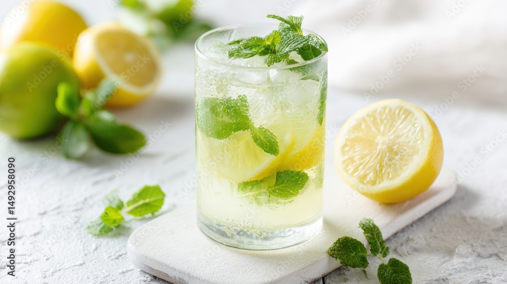 Refreshing Lemon Mint Drink with Ice and Fresh Garnish on White Wooden Background Refreshing Lemon Mint Drink with Ice and Fresh Garnish on White Wooden Background