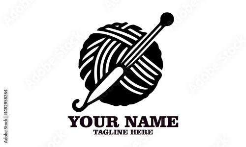 illustration knitting, crocheting. ball of wool and crochet hook isolated on white background. Handmade crochet and knitting logo design, Handmade crochet and knitting vector illustration